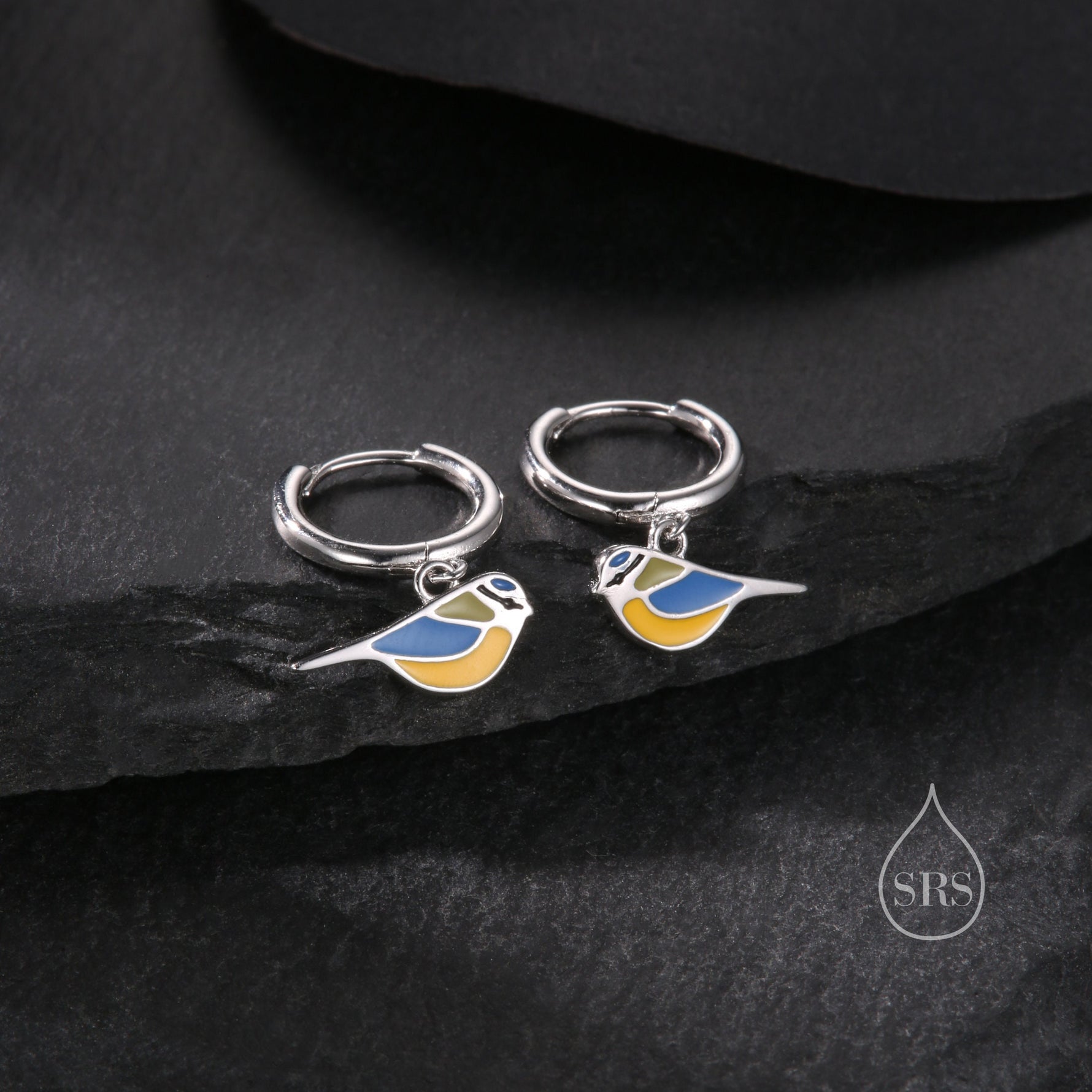 Super Cute Blue Tit Bird Huggie Hoop Earrings in Sterling Silver - Cute Bird Hoop Earrings, Blue Tit Earrings