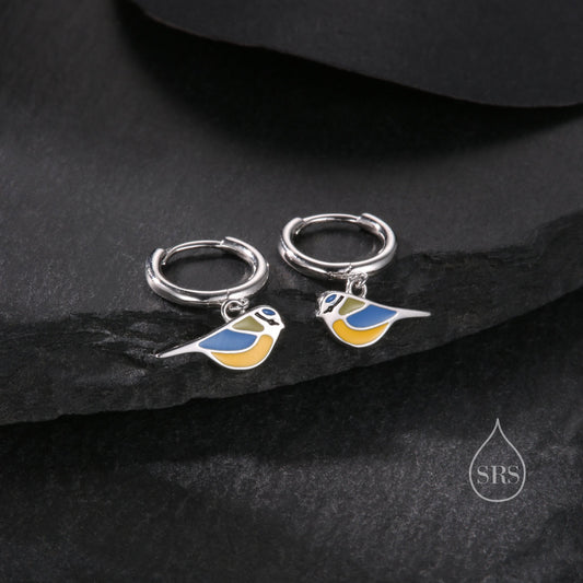 Super Cute Blue Tit Bird Huggie Hoop Earrings in Sterling Silver -  Cute Bird Hoop Earrings,  Blue Tit Earrings