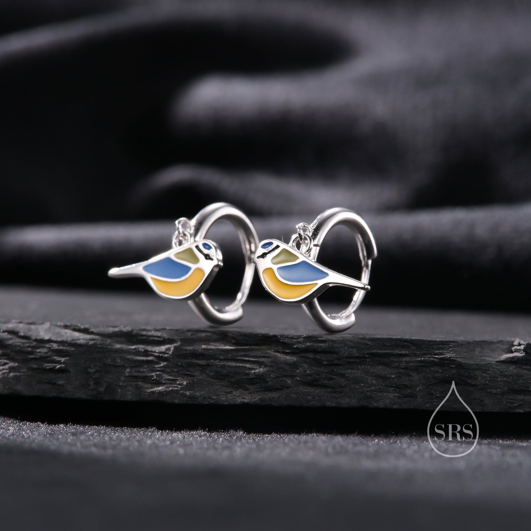 Super Cute Blue Tit Bird Huggie Hoop Earrings in Sterling Silver - Cute Bird Hoop Earrings, Blue Tit Earrings