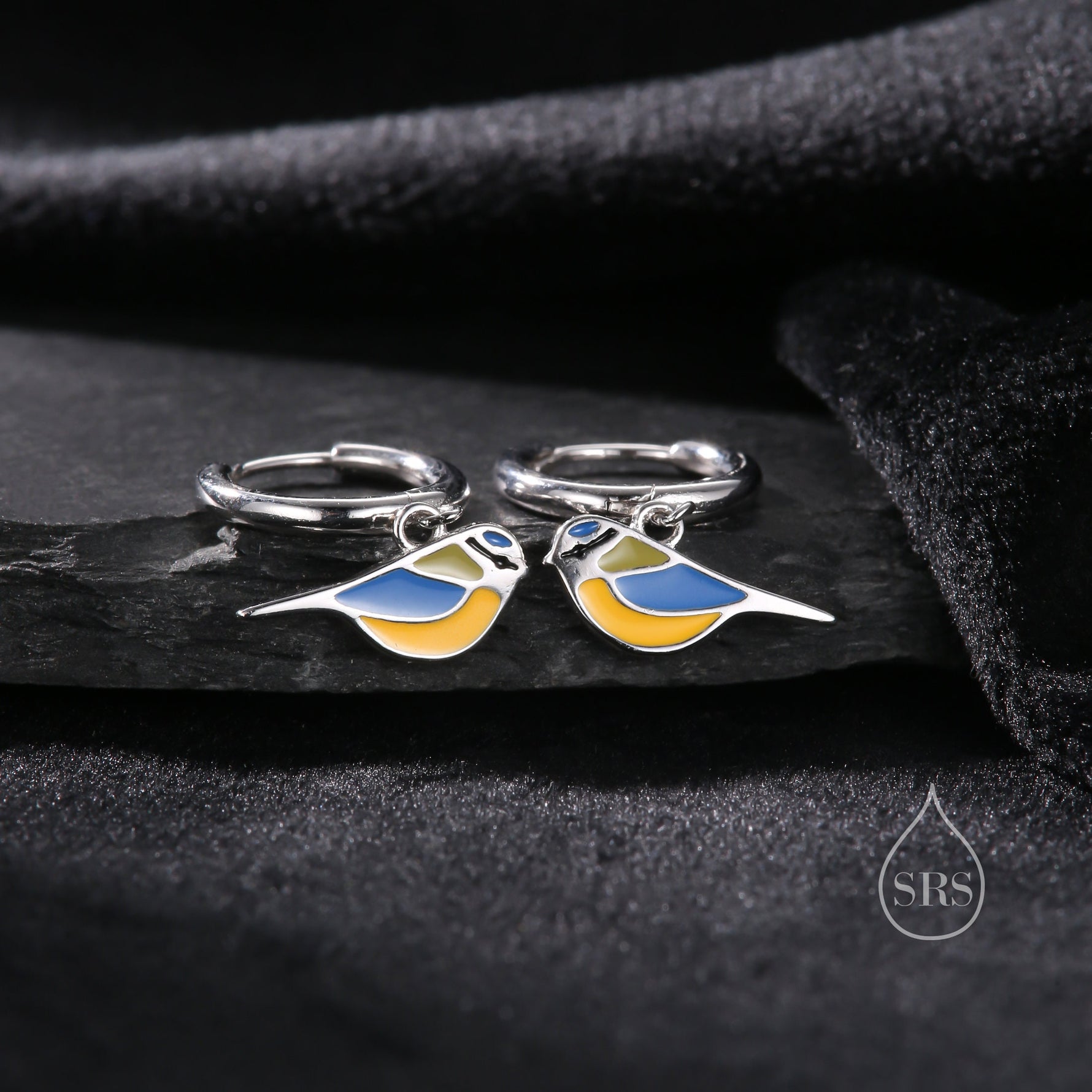 Super Cute Blue Tit Bird Huggie Hoop Earrings in Sterling Silver - Cute Bird Hoop Earrings, Blue Tit Earrings