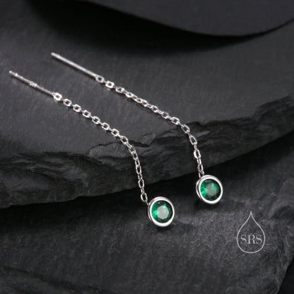 Emerald Green Bezel  CZ Crystal Threader Earrings in Sterling Silver, Silver or Gold, Minimalist Crystal Ear Threaders, Threader Ear Jackets