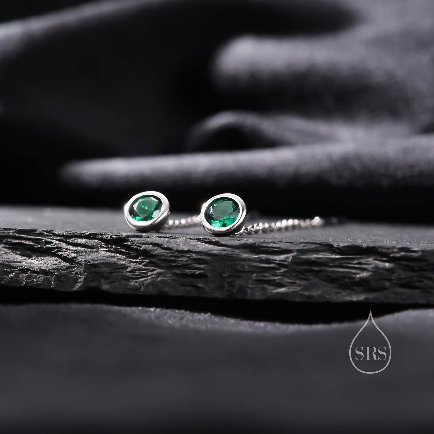 Emerald Green Bezel  CZ Crystal Threader Earrings in Sterling Silver, Silver or Gold, Minimalist Crystal Ear Threaders, Threader Ear Jackets