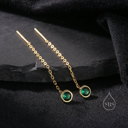 Emerald Green Bezel  CZ Crystal Threader Earrings in Sterling Silver, Silver or Gold, Minimalist Crystal Ear Threaders, Threader Ear Jackets