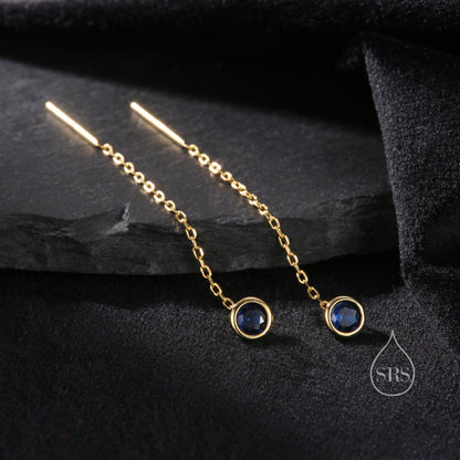 Sapphire Blue Bezel  CZ Crystal Threader Earrings in Sterling Silver, Silver or Gold, Minimalist Crystal Ear Threaders, Threader Ear Jackets