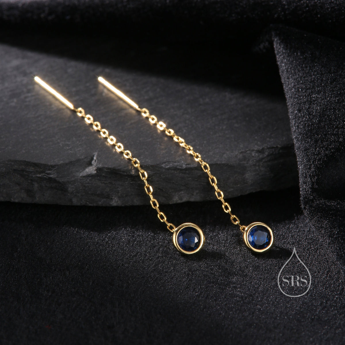Sapphire Blue Bezel CZ Crystal Threader Earrings in Sterling Silver, Silver or Gold, Minimalist Crystal Ear Threaders, Threader Ear Jackets