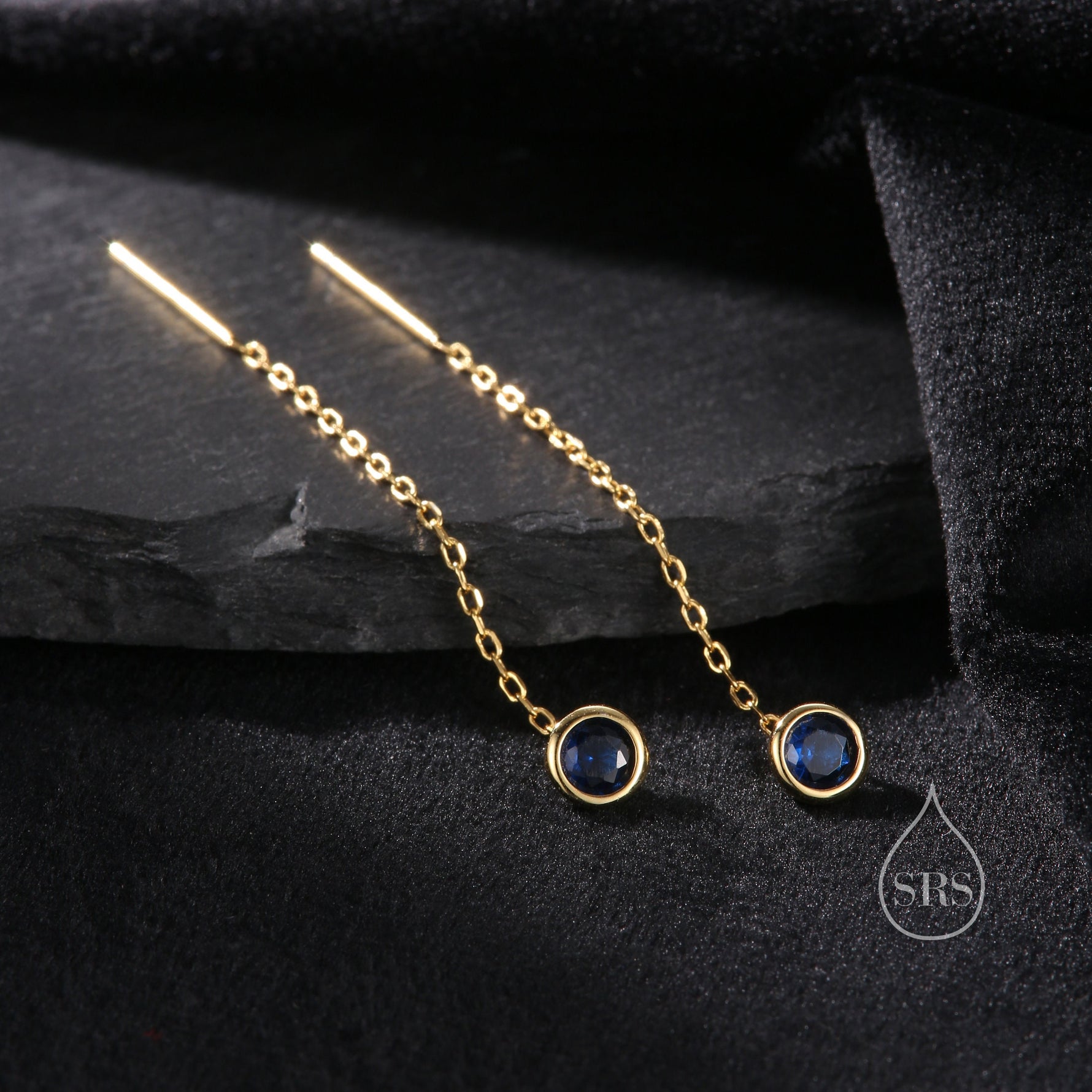 Sapphire Blue Bezel CZ Crystal Threader Earrings in Sterling Silver, Silver or Gold, Minimalist Crystal Ear Threaders, Threader Ear Jackets