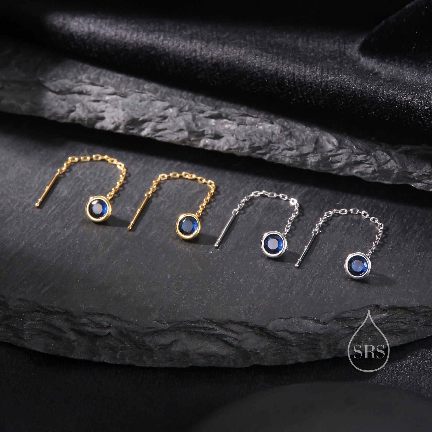 Sapphire Blue Bezel CZ Crystal Threader Earrings in Sterling Silver, Silver or Gold, Minimalist Crystal Ear Threaders, Threader Ear Jackets