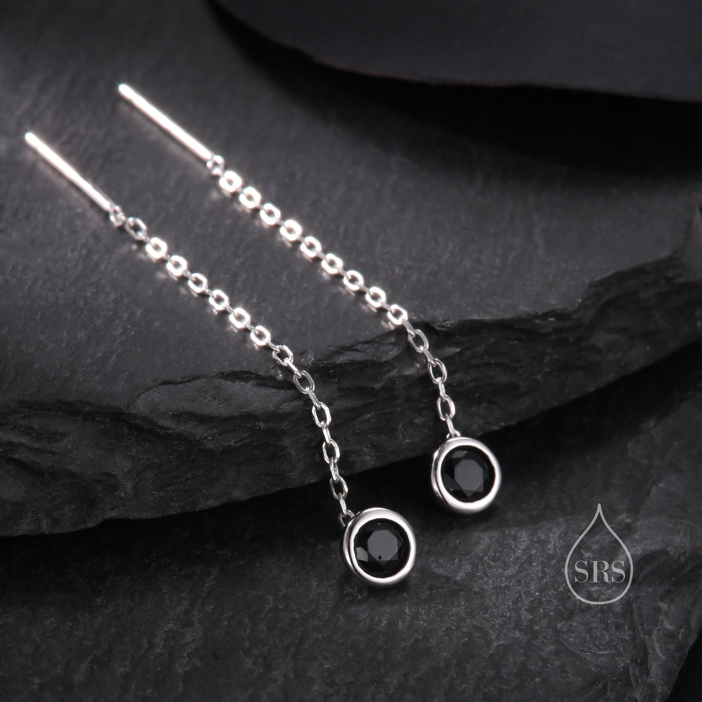 Black Bezel  CZ Crystal Threader Earrings in Sterling Silver, Silver or Gold, Minimalist 4mm Crystal Ear Threaders, Threader Ear Jackets