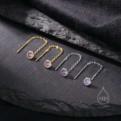 Amethyst Purple Bezel  CZ Crystal Threader Earrings in Sterling Silver, Silver or Gold, Minimalist Crystal Ear Threaders