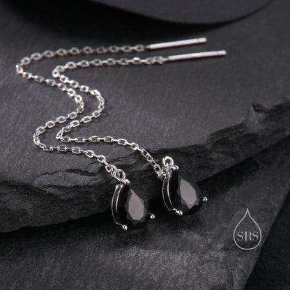 Black CZ Droplet Threader Earrings in Sterling Silver, Silver or Gold,  5x7mm Pear Cut CZ Long Ear Threaders, Sparkly CZ Threaders