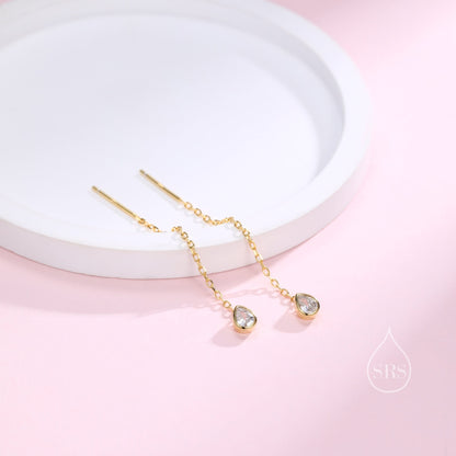 Delicate Droplet Bezel  CZ Crystal Threader Earrings in Sterling Silver, Silver or Gold, Minimalist Pear Cut Crystal Ear Threaders