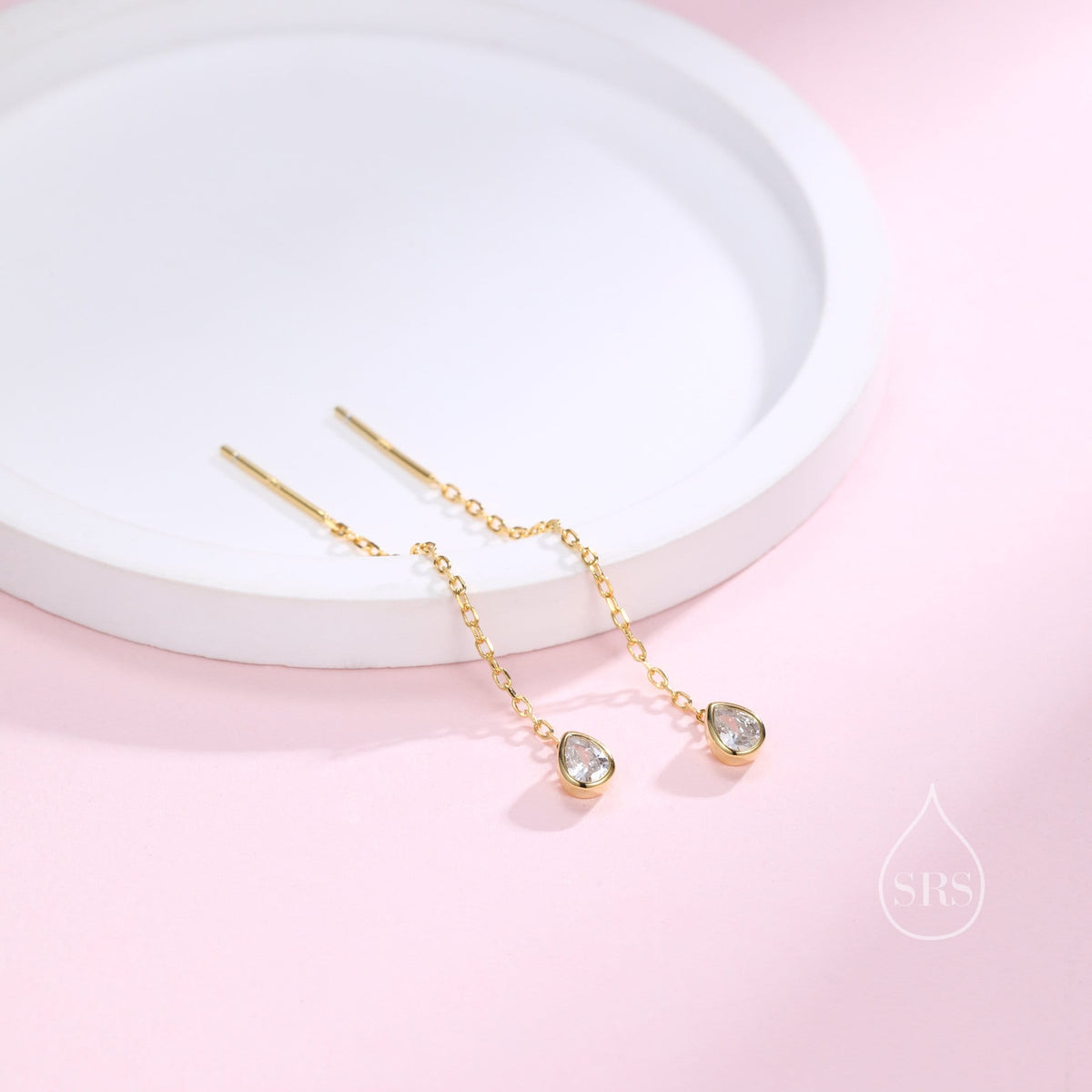Delicate Droplet Bezel CZ Crystal Threader Earrings in Sterling Silver, Silver or Gold, Minimalist Pear Cut Crystal Ear Threaders