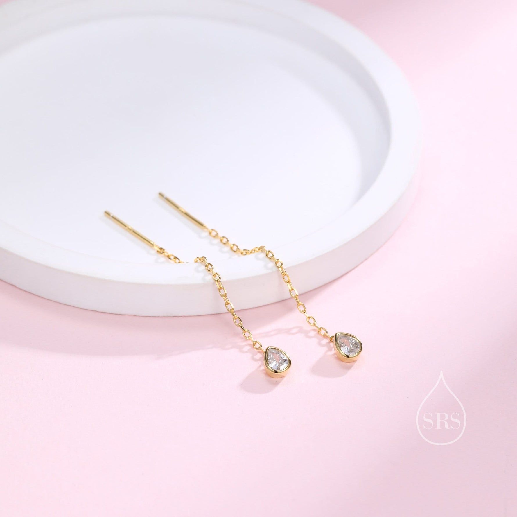 Delicate Droplet Bezel CZ Crystal Threader Earrings in Sterling Silver, Silver or Gold, Minimalist Pear Cut Crystal Ear Threaders