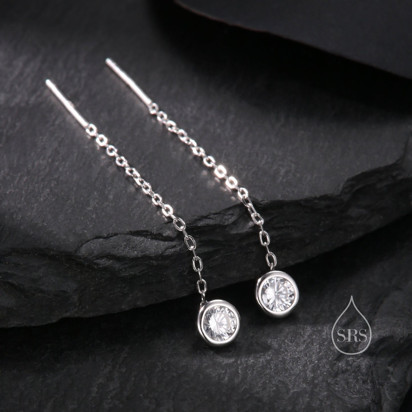 Delicate 4mm Bezel CZ Crystal Threader Earrings in Sterling Silver, Silver or Gold, Minimalist Pear Cut Crystal Ear Threaders