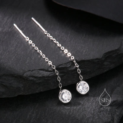 Delicate 4mm Bezel CZ Crystal Threader Earrings in Sterling Silver, Silver or Gold, Minimalist Pear Cut Crystal Ear Threaders