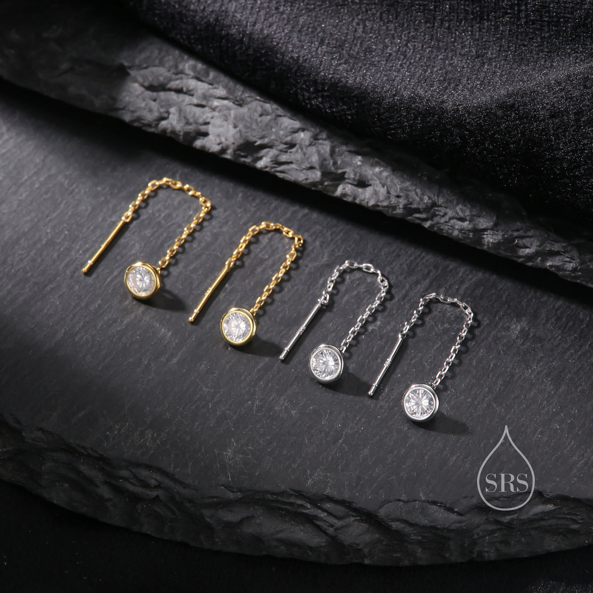Delicate 4mm Bezel CZ Crystal Threader Earrings in Sterling Silver, Silver or Gold, Minimalist Pear Cut Crystal Ear Threaders