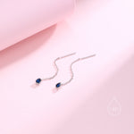 Tiny Sapphire Blue Droplet Bezel CZ Crystal Threader Earrings in Sterling Silver, Silver or Gold, Minimalist Pear Cut Ear Threaders