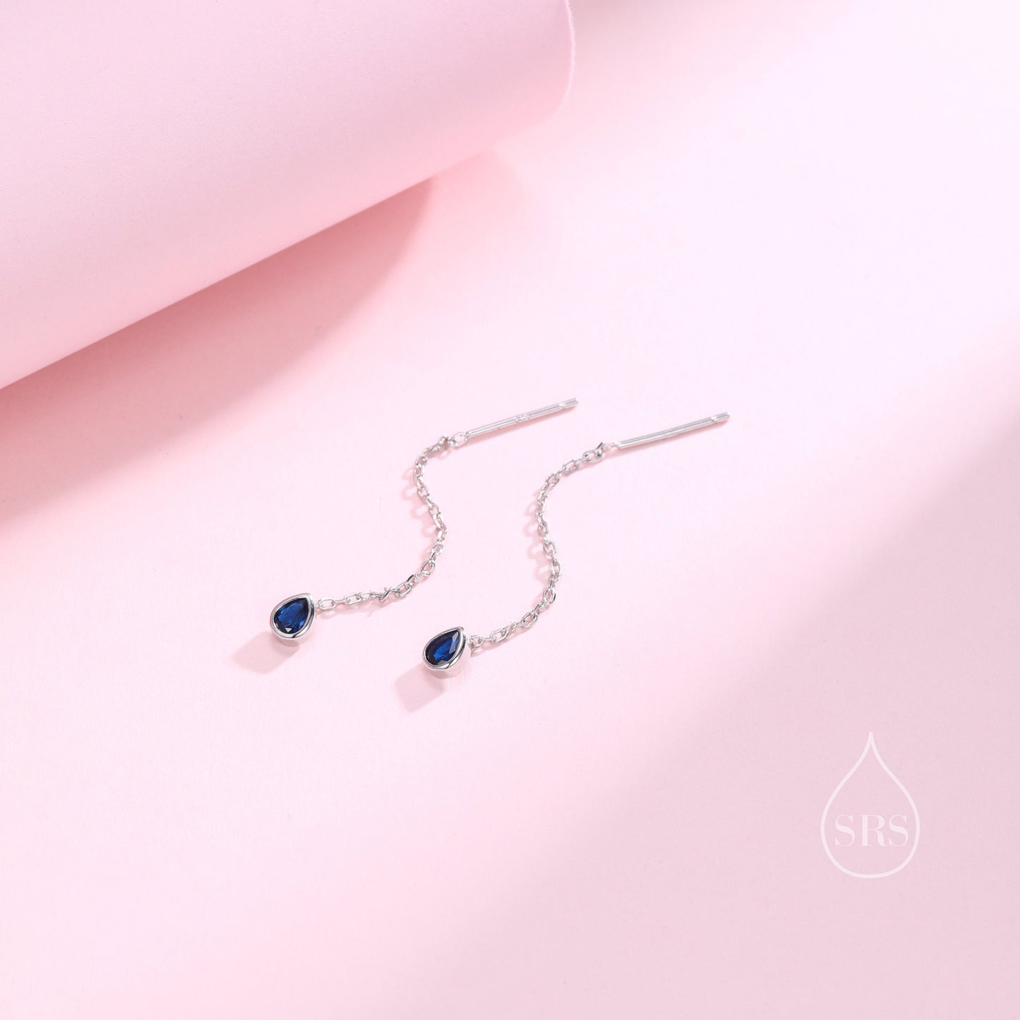 Tiny Sapphire Blue Droplet Bezel  CZ Crystal Threader Earrings in Sterling Silver, Silver or Gold, Minimalist Pear Cut Ear Threaders