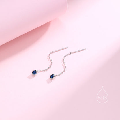 Tiny Sapphire Blue Droplet Bezel  CZ Crystal Threader Earrings in Sterling Silver, Silver or Gold, Minimalist Pear Cut Ear Threaders