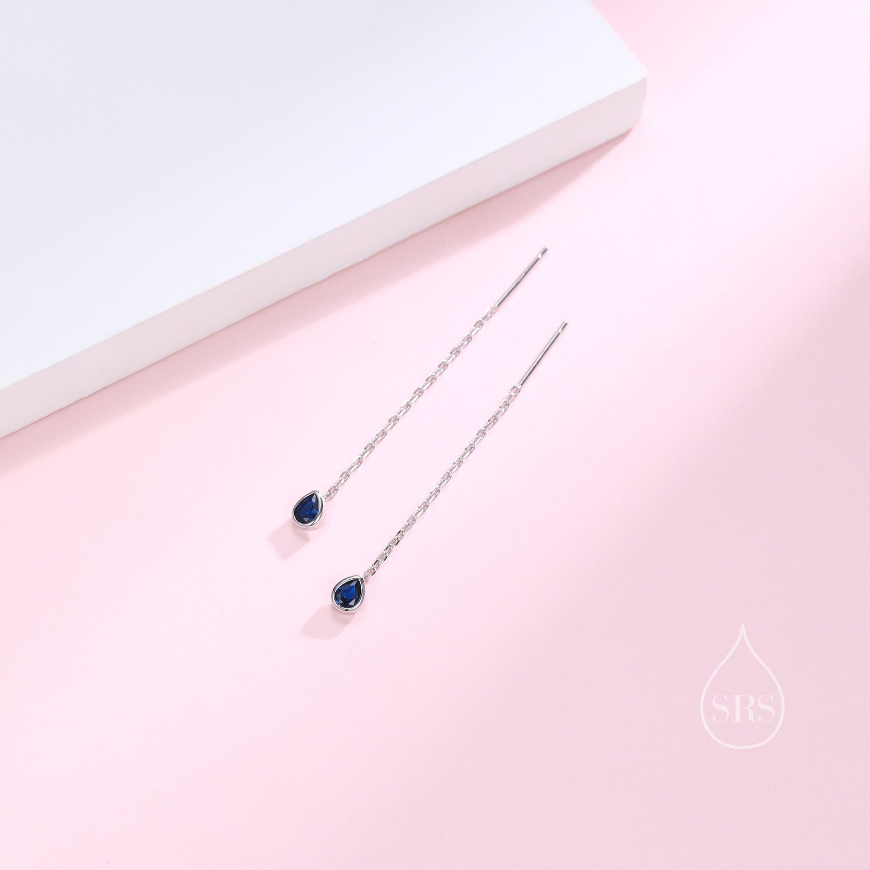 Tiny Sapphire Blue Droplet Bezel CZ Crystal Threader Earrings in Sterling Silver, Silver or Gold, Minimalist Pear Cut Ear Threaders