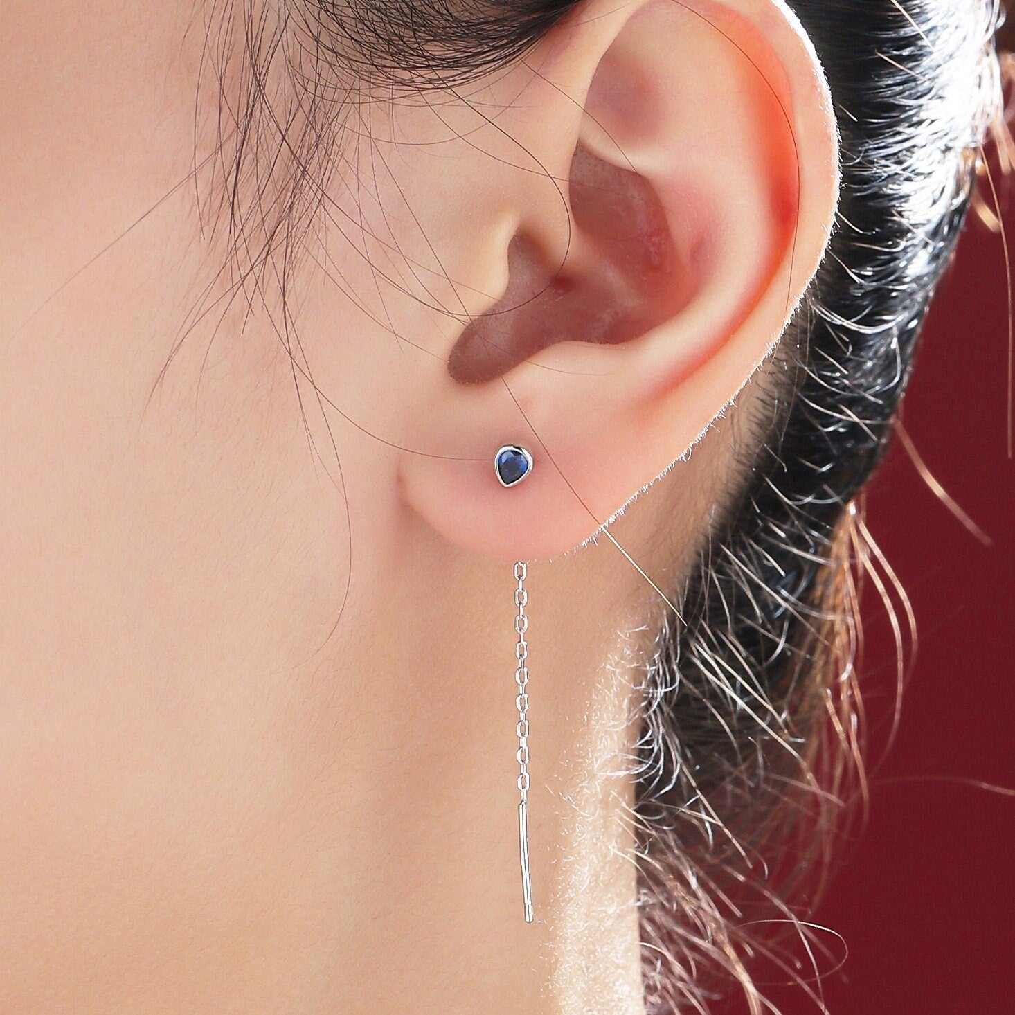 Tiny Sapphire Blue Droplet Bezel CZ Crystal Threader Earrings in Sterling Silver, Silver or Gold, Minimalist Pear Cut Ear Threaders