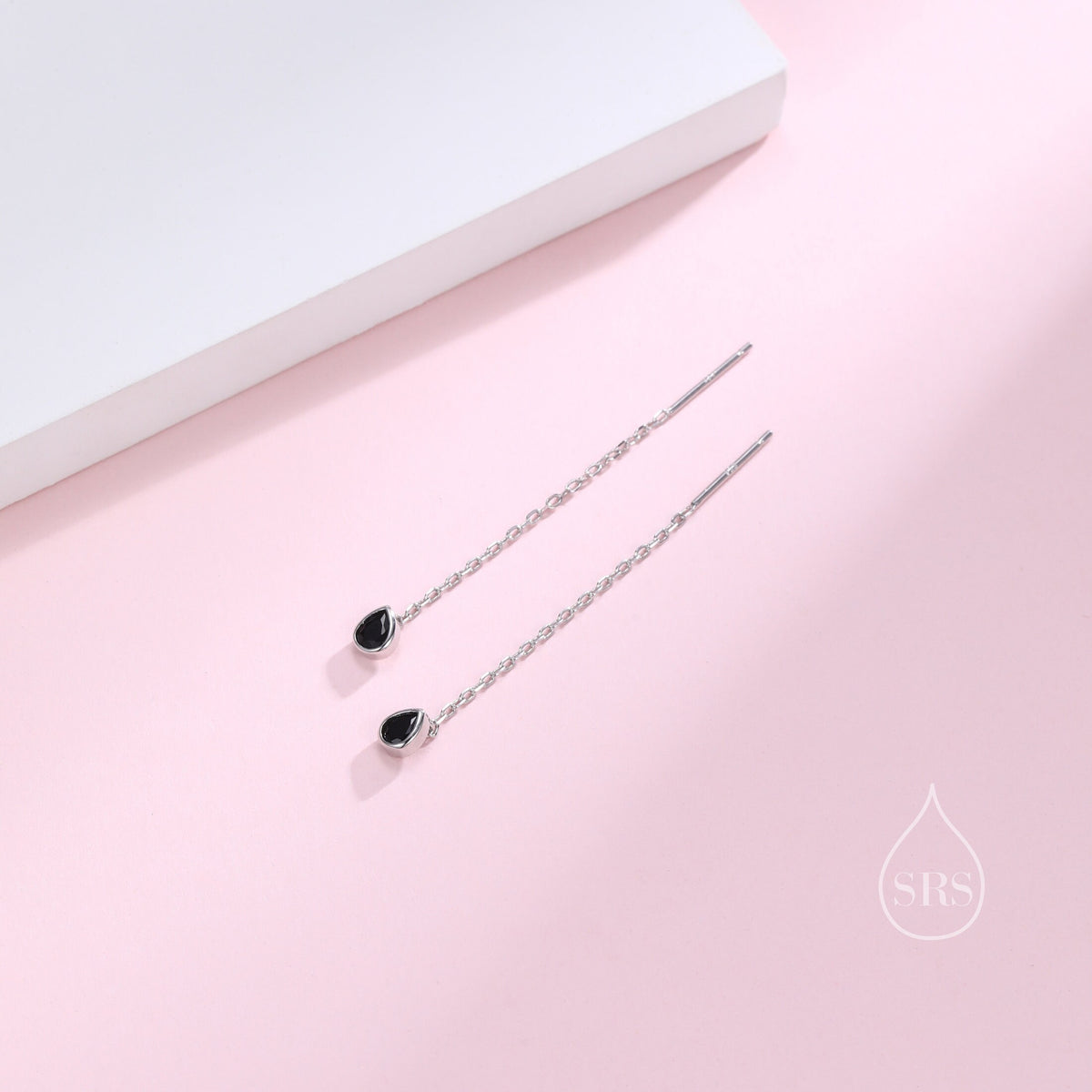 Tiny Black Droplet Bezel CZ Crystal Threader Earrings in Sterling Silver, Silver or Gold, Minimalist Pear Cut Ear Threaders