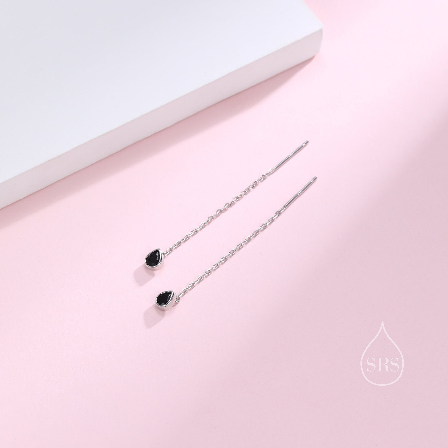 Tiny Black Droplet Bezel CZ Crystal Threader Earrings in Sterling Silver, Silver or Gold, Minimalist Pear Cut Ear Threaders