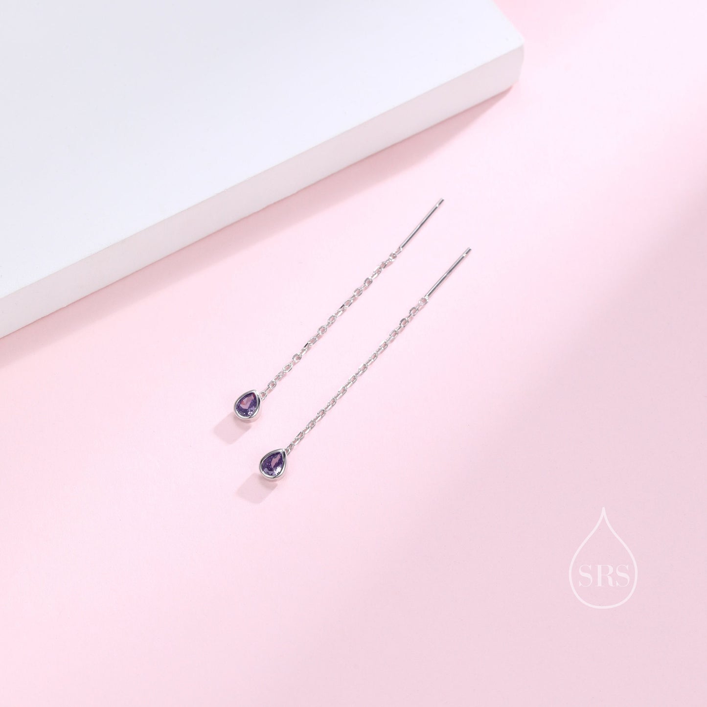 Tiny Amethyst Purple Droplet Bezel  CZ Crystal Threader Earrings in Sterling Silver, Silver or Gold, Minimalist Pear Cut Ear Threaders