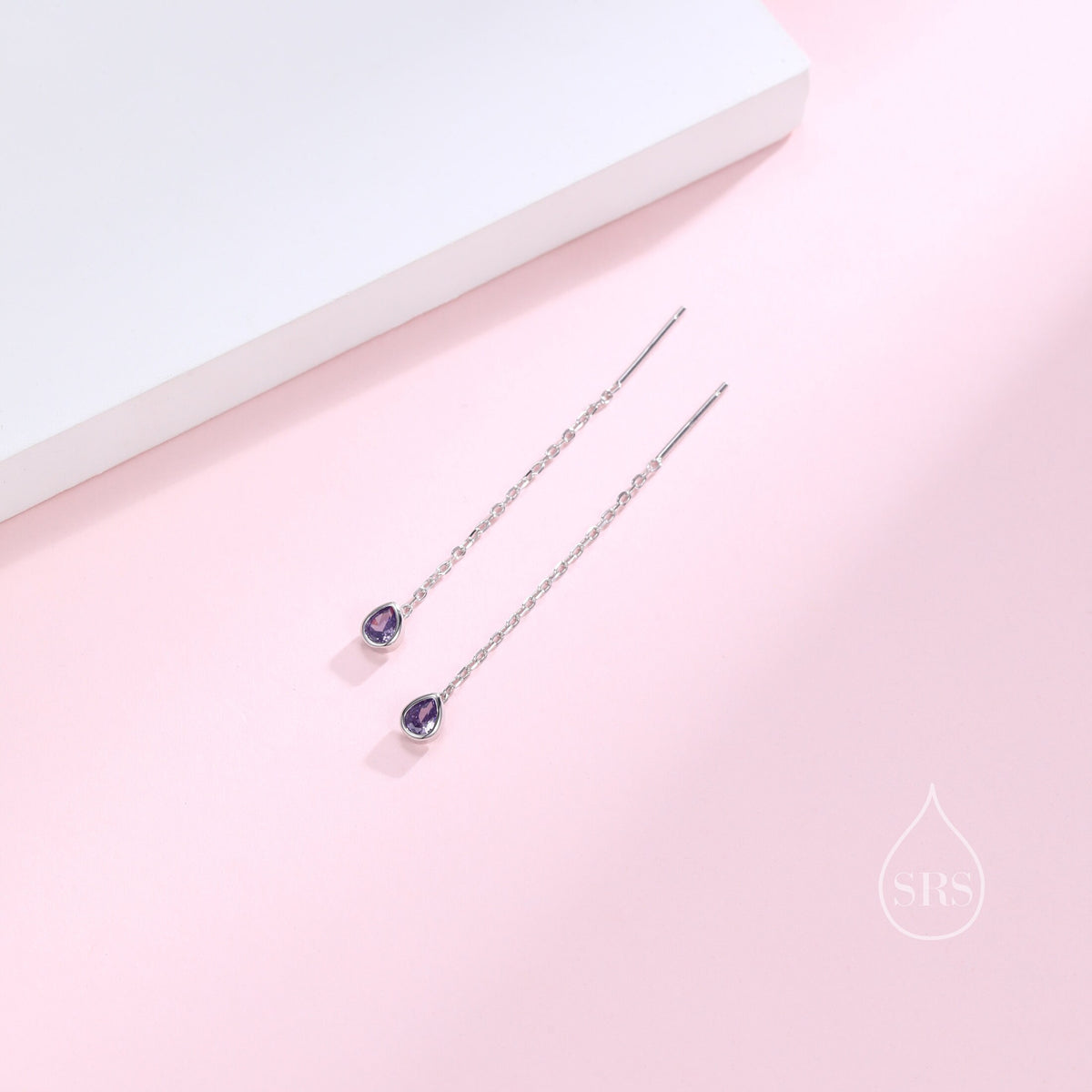 Tiny Amethyst Purple Droplet Bezel CZ Crystal Threader Earrings in Sterling Silver, Silver or Gold, Minimalist Pear Cut Ear Threaders