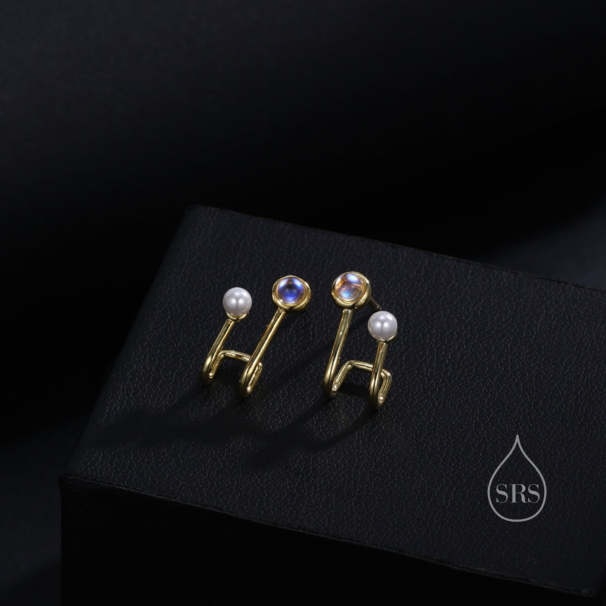 Moonstone and Pearl Stud Earrings in Sterling Silver, Single Piercing Earrings, Silver or Gold or Rose Gold, Double Layer Earrings