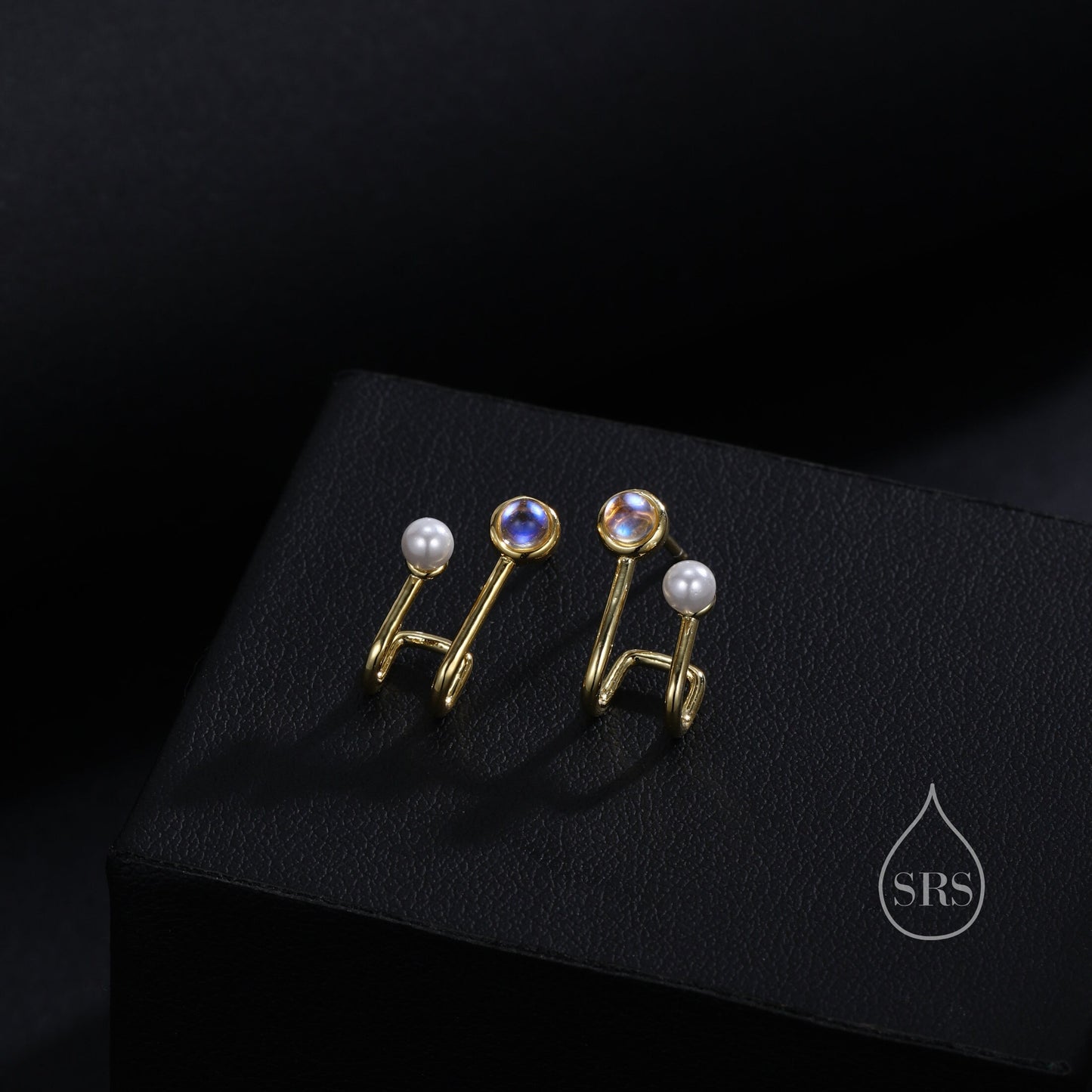 Moonstone and Pearl Stud Earrings in Sterling Silver, Single Piercing Earrings, Silver or Gold or Rose Gold, Double Layer Earrings