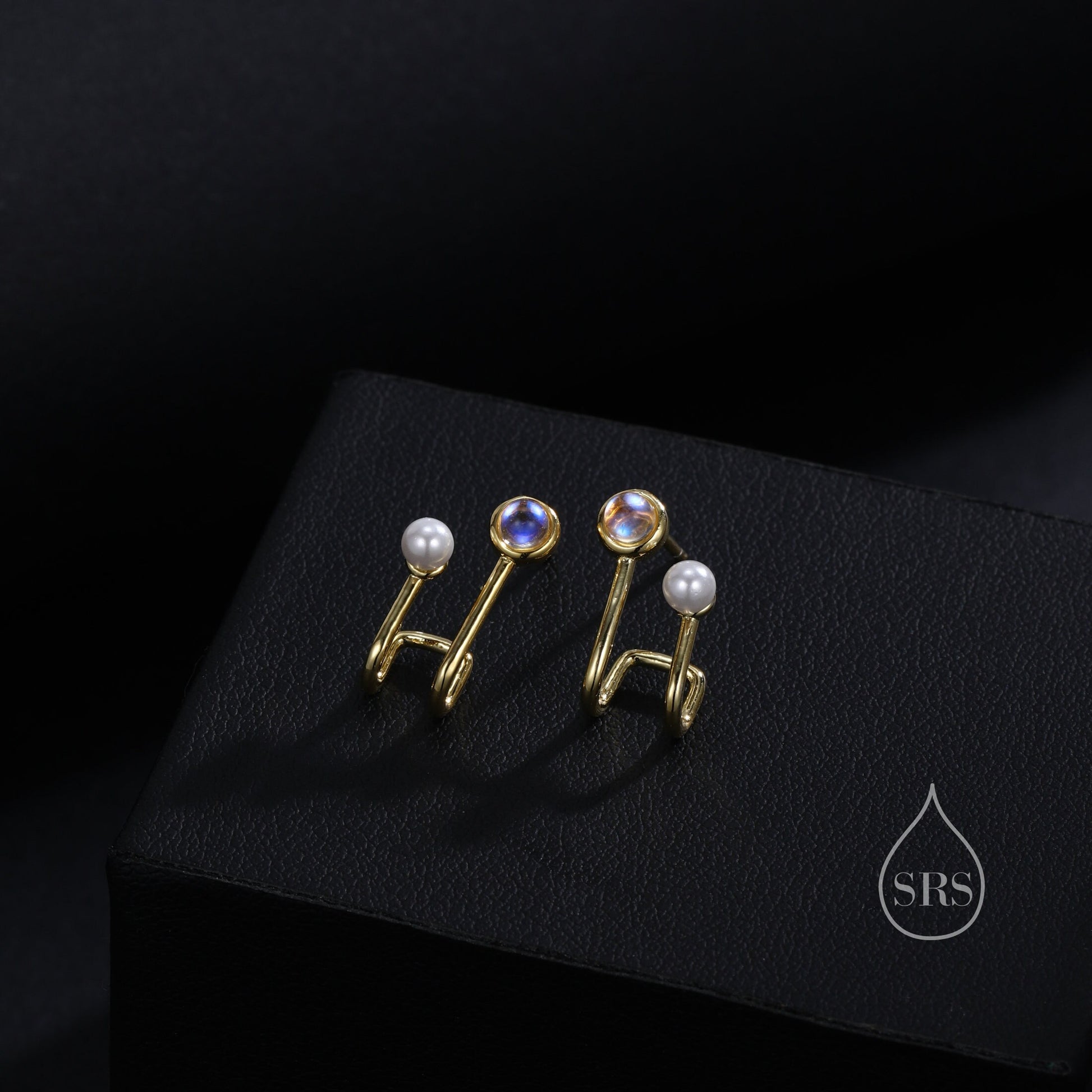 Moonstone and Pearl Stud Earrings in Sterling Silver, Single Piercing Earrings, Silver or Gold or Rose Gold, Double Layer Earrings