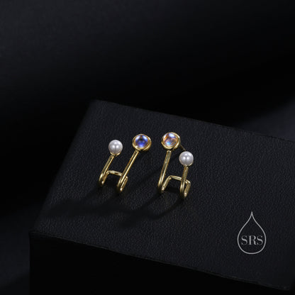 Moonstone and Pearl Stud Earrings in Sterling Silver, Single Piercing Earrings, Silver or Gold or Rose Gold, Double Layer Earrings