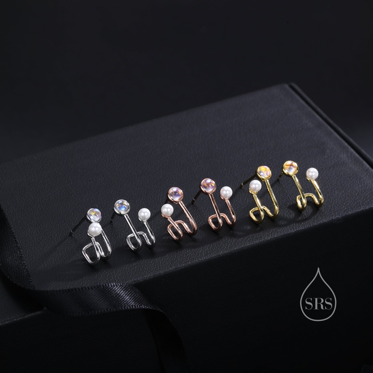 Moonstone and Pearl Stud Earrings in Sterling Silver, Single Piercing Earrings, Silver or Gold or Rose Gold, Double Layer Earrings