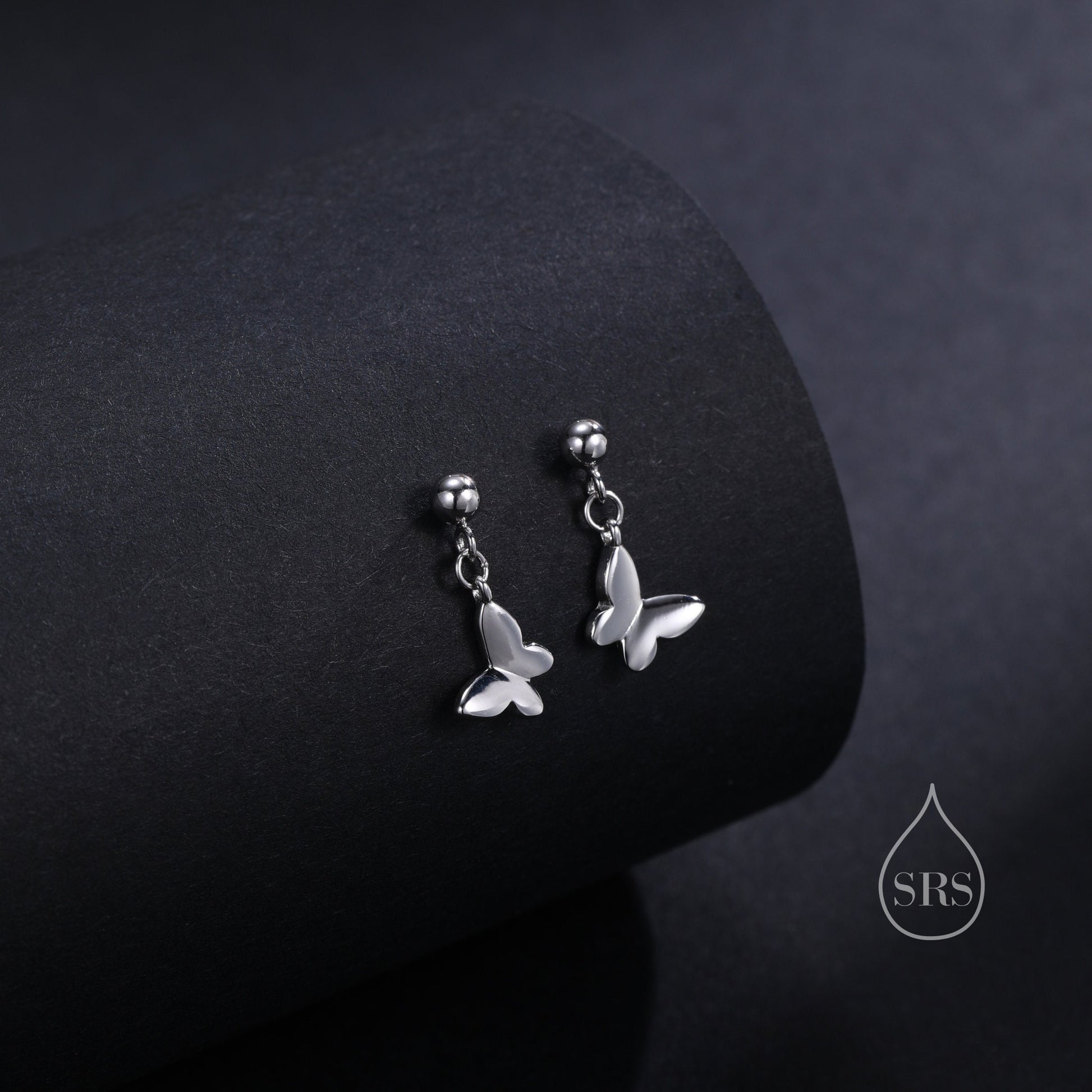 Sterling Silver Butterfly Drop Stud Earrings, Silver or Gold or