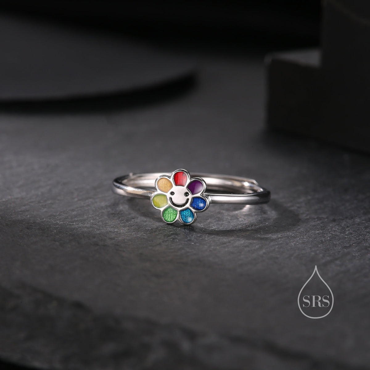 Cute Rainbow Smiling Flower Motif Ring