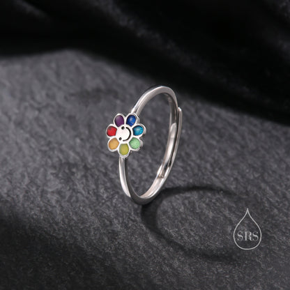 Sterling Silver Cute Little Smiling Flower Ring, Adjustable Size, Cute Rainbow Flower Jewellery, Dainty and Delicate, Flower Ring