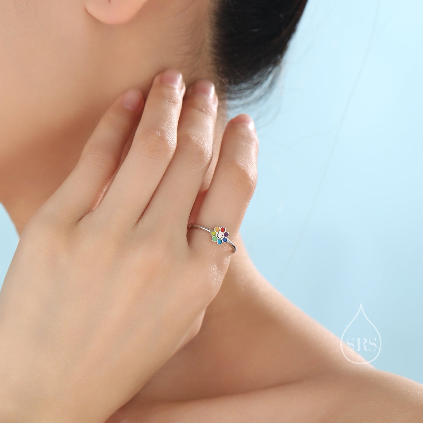 Sterling Silver Cute Little Smiling Flower Ring, Adjustable Size, Cute Rainbow Flower Jewellery, Dainty and Delicate, Flower Ring