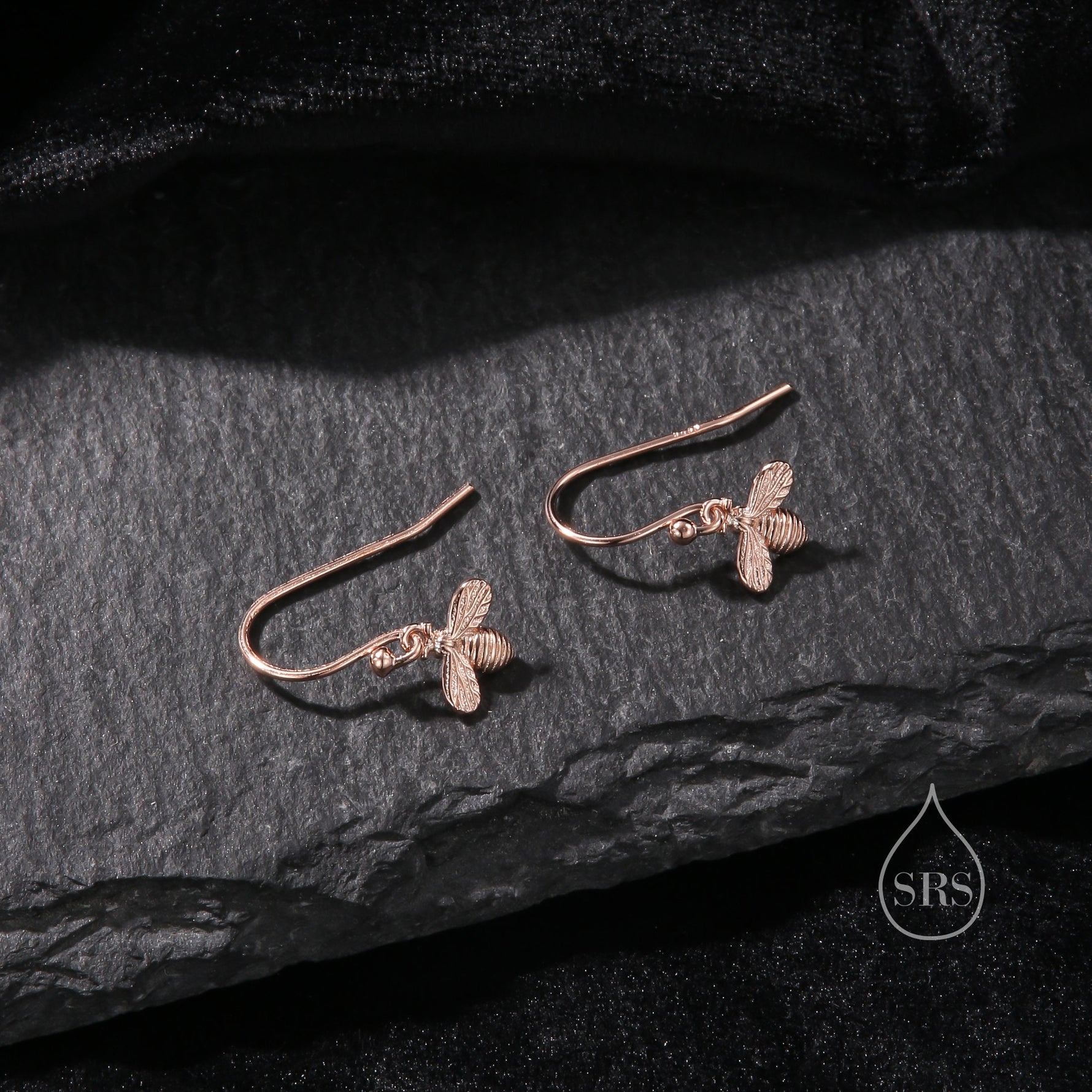 Sterling Silver Honey Bee Drop Hook Earrings, Silver or Gold or Rose Gold, Delicate Bee Earrings, Honey Bee Earrings, Bumble Bee Earrings