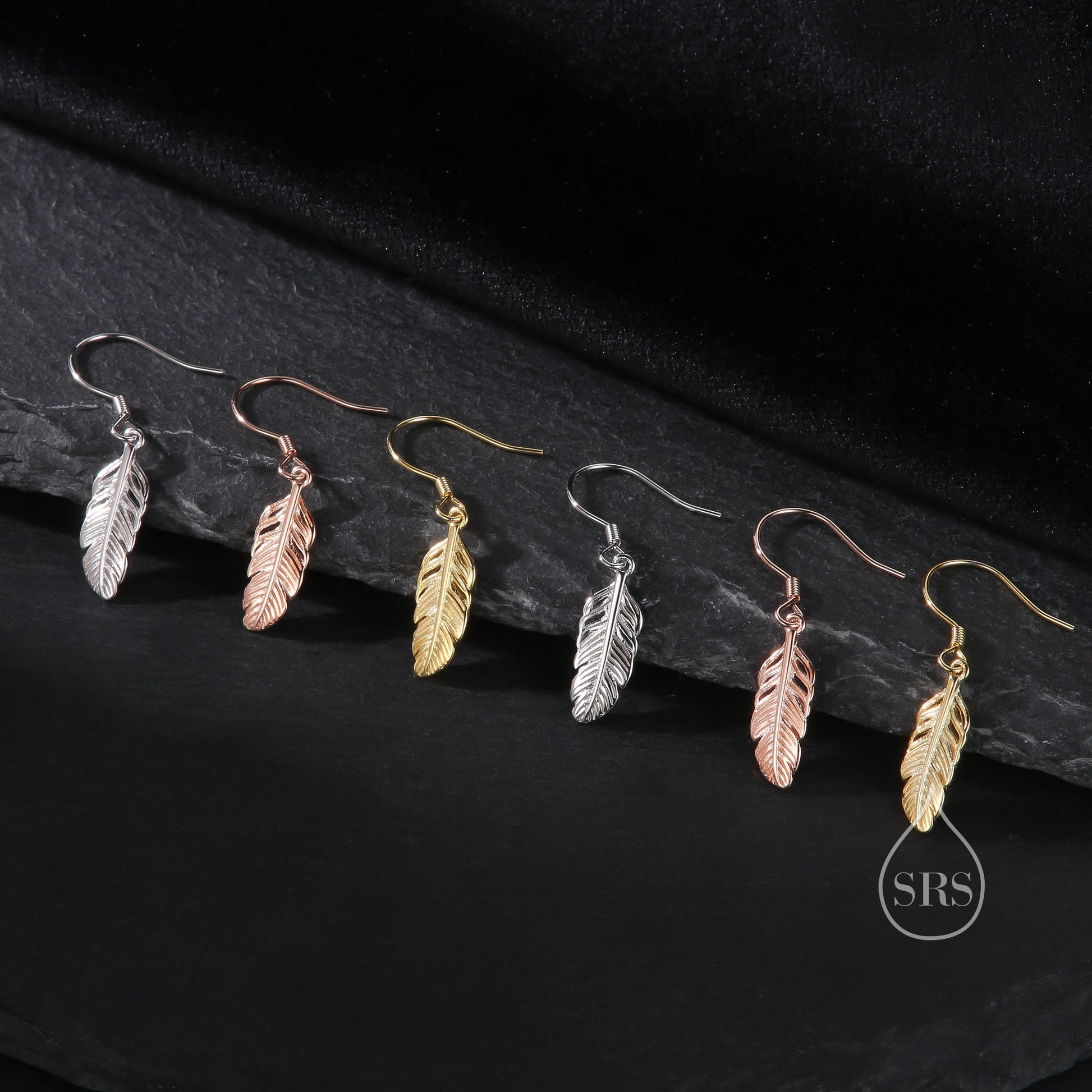 Sterling Silver Feather Drop Hook Earrings, Silver or Gold or Rose Gold, Delicate Feather Dangle Earrings, Nature Inspired