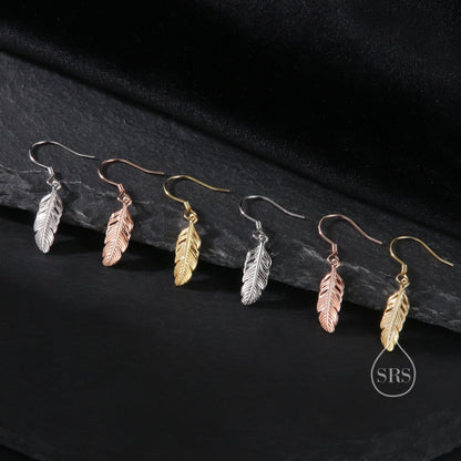 Sterling Silver Feather Drop Hook Earrings, Silver or Gold or Rose Gold, Delicate Feather Dangle Earrings, Nature Inspired