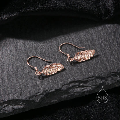 Sterling Silver Feather Drop Hook Earrings, Silver or Gold or Rose Gold, Delicate Feather Dangle Earrings, Nature Inspired