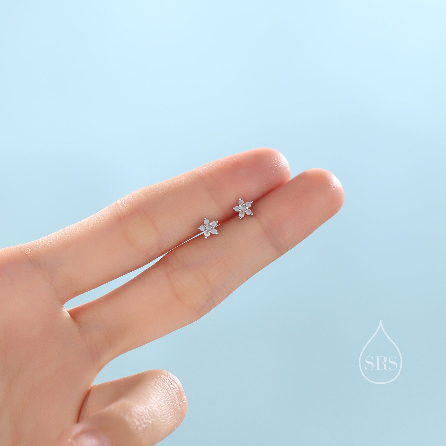 Tiny Opal Blue Forget-me-not CZ Stud Earrings in Sterling Silver, Silver or Gold or Rose Gold,  CZ Flower Stud Earrings