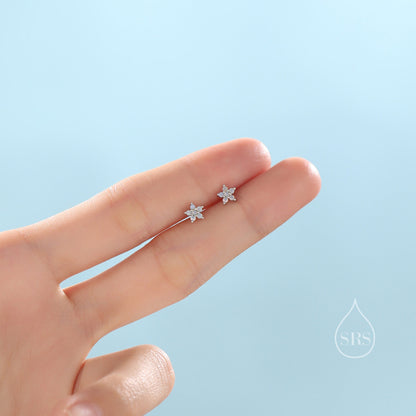 Tiny Opal Blue Forget-me-not CZ Stud Earrings in Sterling Silver, Silver or Gold or Rose Gold,  CZ Flower Stud Earrings