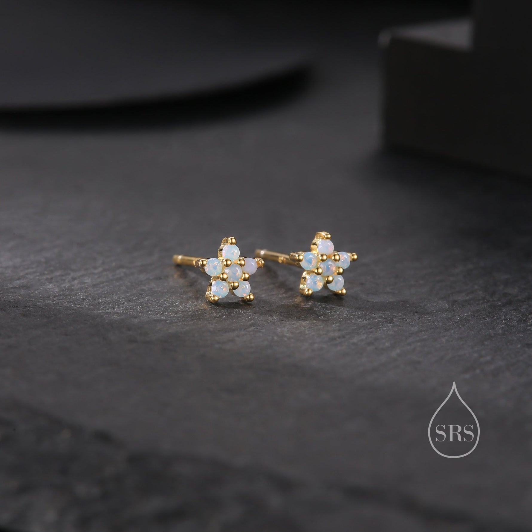 Tiny Opal Blue Forget-me-not CZ Stud Earrings in Sterling Silver, Silver or Gold or Rose Gold, CZ Flower Stud Earrings