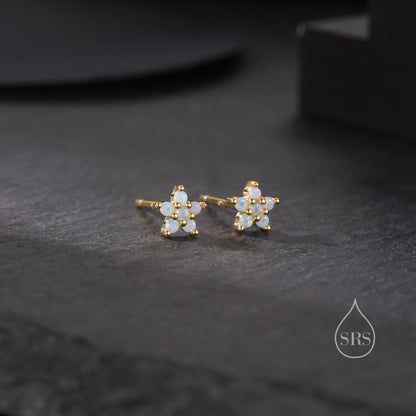 Tiny Opal Blue Forget-me-not CZ Stud Earrings in Sterling Silver, Silver or Gold or Rose Gold,  CZ Flower Stud Earrings