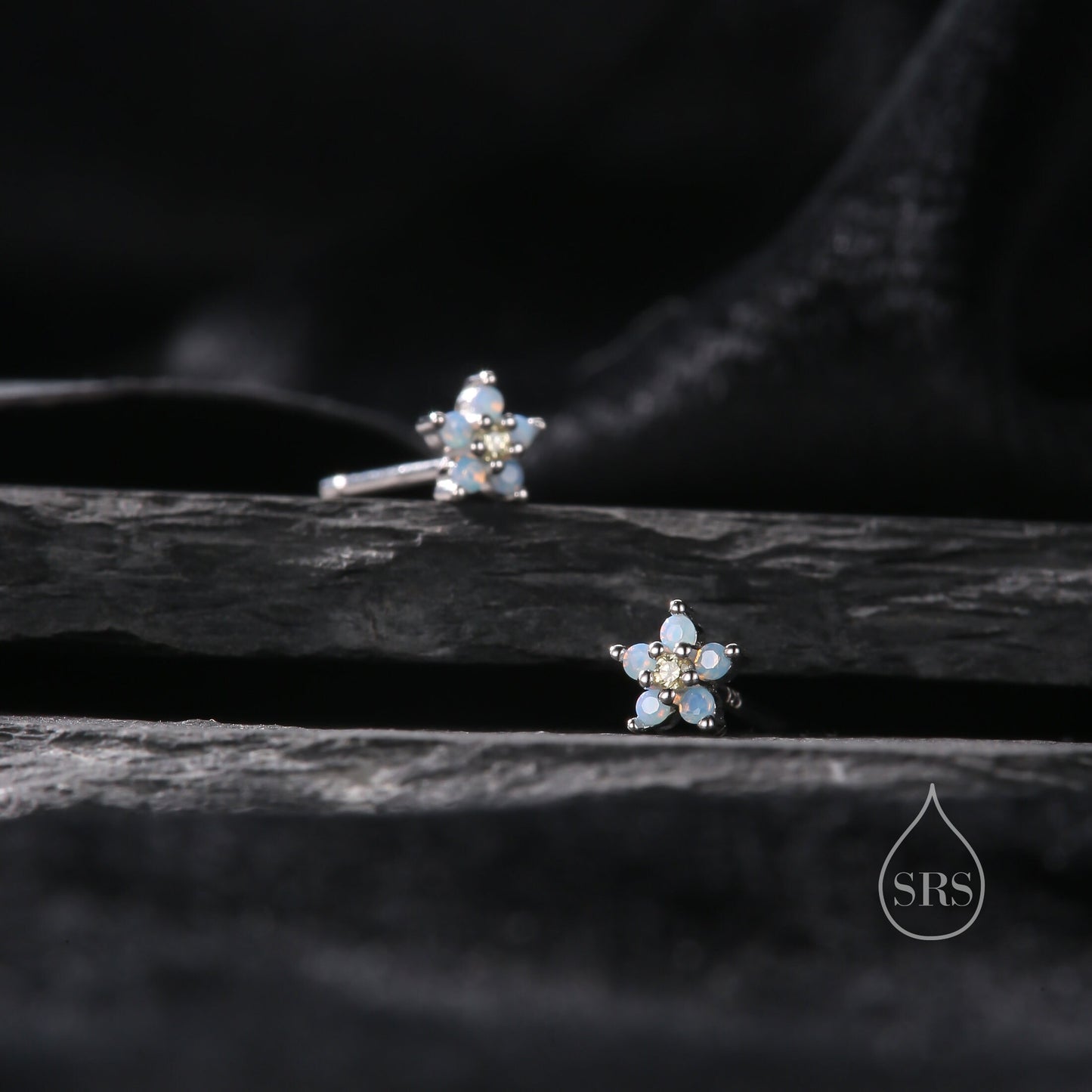 Tiny Opal Blue Forget-me-not CZ Stud Earrings in Sterling Silver, Silver or Gold or Rose Gold, Clear and Milky Blue CZ Flower Stud Earrings