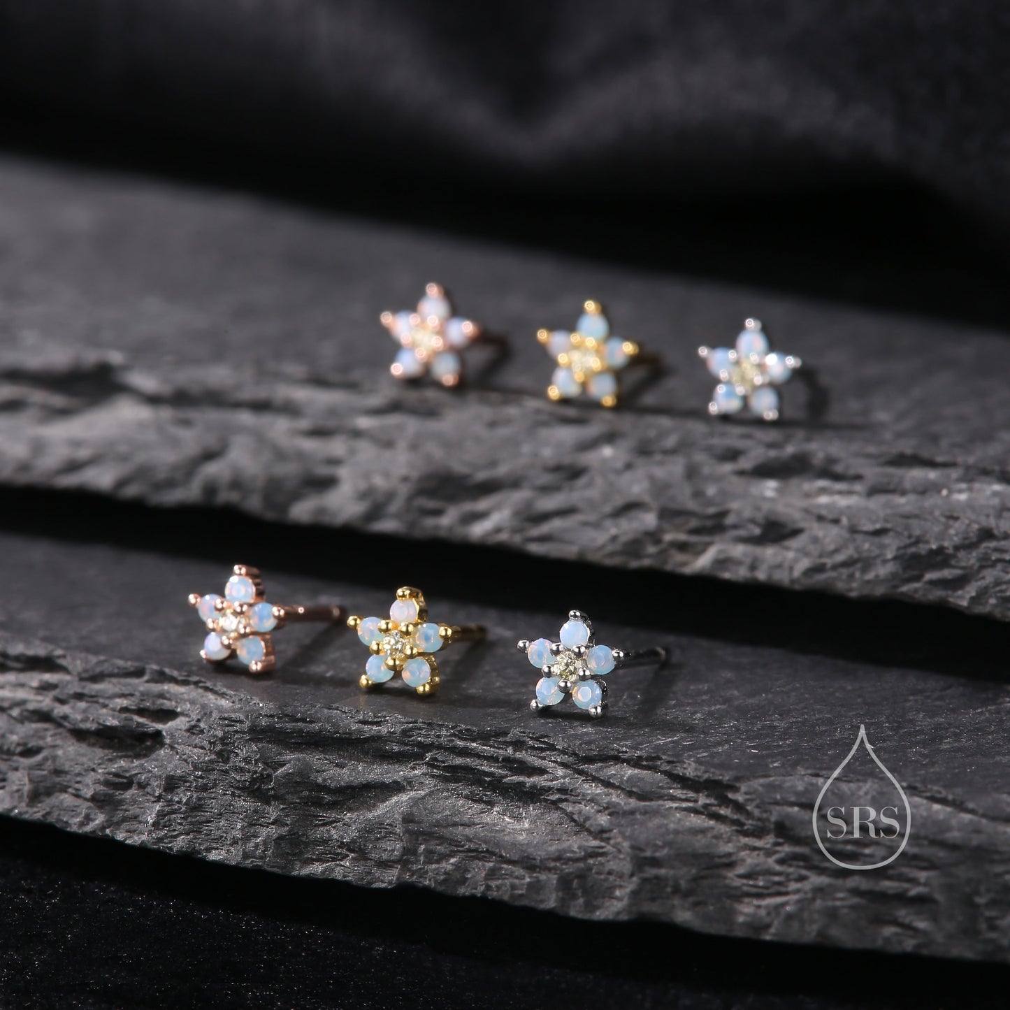 Tiny Opal Blue Forget-me-not CZ Stud Earrings in Sterling Silver, Silver or Gold or Rose Gold, Clear and Milky Blue CZ Flower Stud Earrings