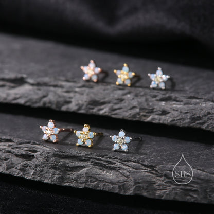 Tiny Opal Blue Forget-me-not CZ Stud Earrings in Sterling Silver, Silver or Gold or Rose Gold, Clear and Milky Blue CZ Flower Stud Earrings