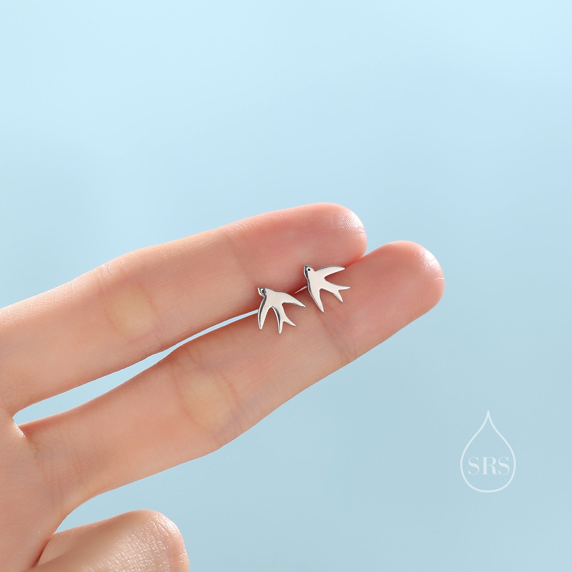 Swallow Bird Stud Earrings in Sterling Silver Flying Bird Earrings, Silver or Gold or Rose Gold, Nature Inspired Animal Earrings